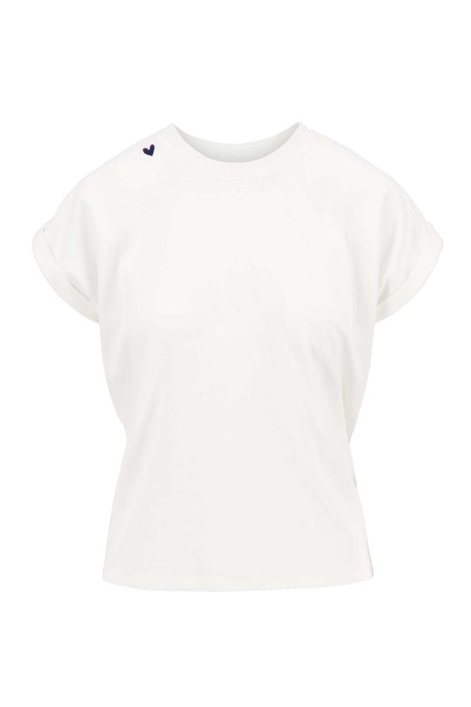 T SHIRT MET OPGEROLDE MOUW MET TEKST 0304 257 1000 WIT